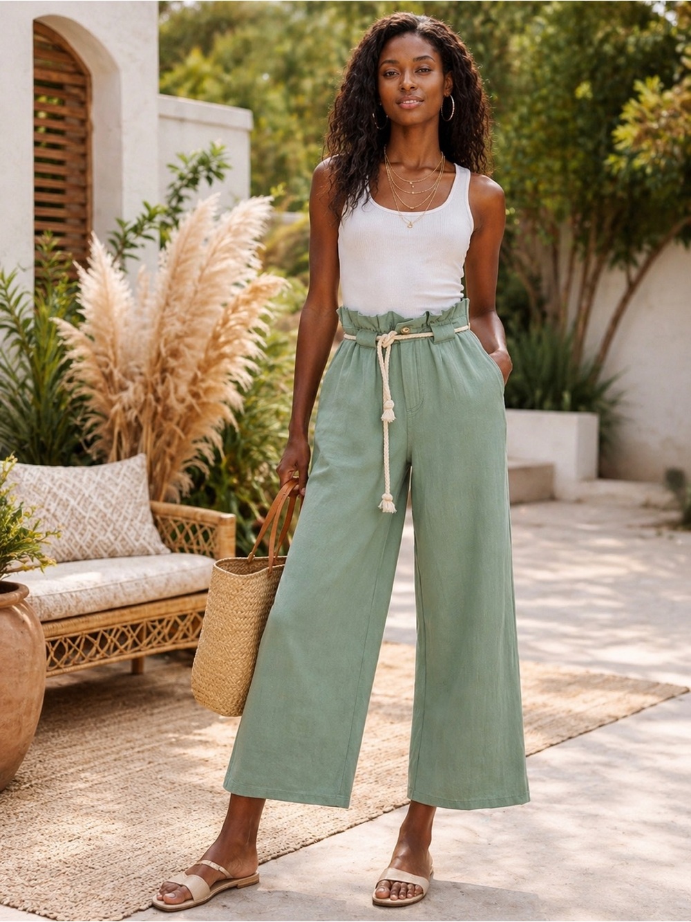 Driftwood Vicki Linen Blend Wide Leg Paperbag Pants Sage Green Size 29 NWT